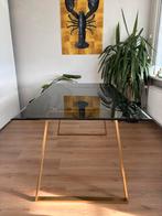 Eettafel vintage look met smokey glas en goud onderstel, Huis en Inrichting, Ophalen, 100 tot 150 cm, 50 tot 100 cm, Rechthoekig
