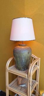 Vintage schemerlamp op aardewerk voet, linnen kap, Huis en Inrichting, Lampen | Tafellampen, Overige materialen, Vintage, Ophalen of Verzenden