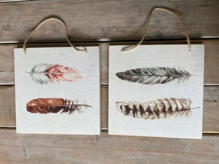 2 x wanddecoratie op houten paneel. Veren / veertjes deco., Huis en Inrichting, Woonaccessoires | Wanddecoraties, Zo goed als nieuw