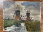 Molens in de polder olieverf op board, Antiek en Kunst, Ophalen of Verzenden