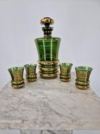Groene glazen karaf met 4 shotglazen – vintage set, Antiek en Kunst, Ophalen of Verzenden
