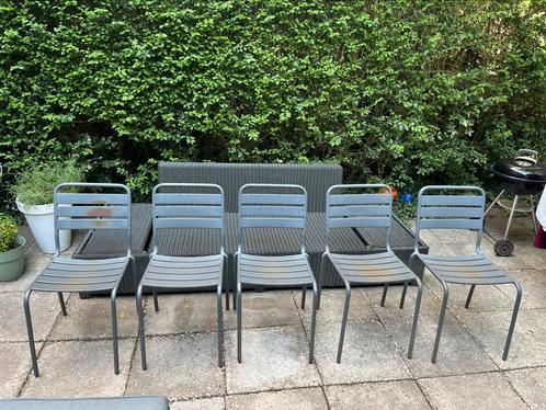5 antraciet grijze tuinstoelen, Tuin en Terras, Tuinstoelen, Gebruikt, Metaal, Stapelbaar, Ophalen