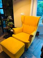 Gele Ikea Strandmon oor fauteuil met poef, Ophalen, 75 tot 100 cm, 75 tot 100 cm, Stof