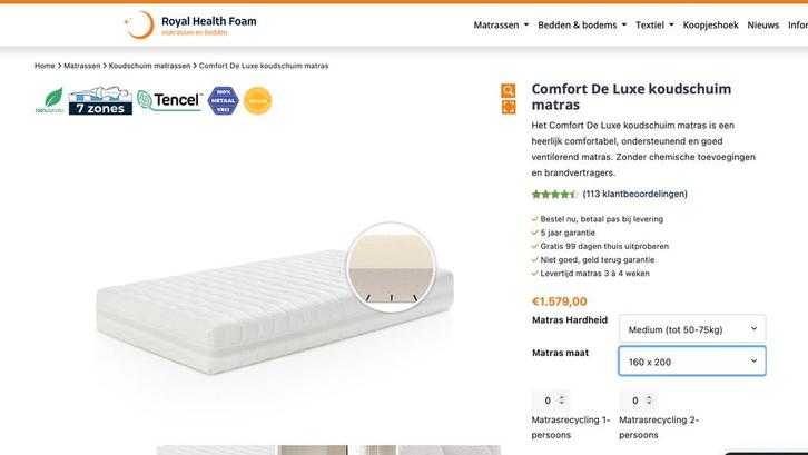 Royal Health Foam, Comfort De Luxe Koudschuim Matras 160x200, Huis en Inrichting, Slaapkamer | Matrassen en Bedbodems, Zo goed als nieuw