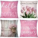 Set van 4 kussenhoezen tulp en fiets lichtroze groen 45x45cm, Ophalen of Verzenden, Nieuw, Roze, Vierkant
