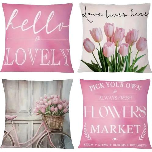 Set van 4 kussenhoezen tulp en fiets lichtroze groen 45x45cm, Huis en Inrichting, Woonaccessoires | Kussens, Nieuw, Roze, Vierkant