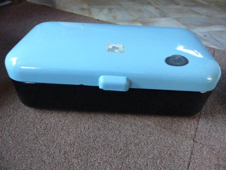 blauw zwarte emaille grote broodtrommel, Antiek en Kunst, Antiek | Emaille, Ophalen of Verzenden