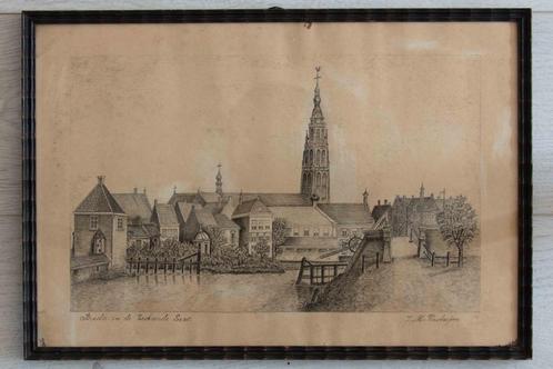 Tekening in lijst, Breda in de 16e eeuw, J.M. Verstrepen, Huis en Inrichting, Woonaccessoires | Schilderijen, Tekeningen en Foto's