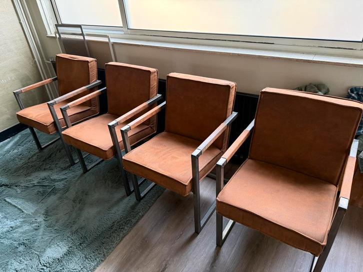 4 x stoelen leder van bommel, Huis en Inrichting, Stoelen, Zo goed als nieuw, Vier, Leer, Bruin, Ophalen
