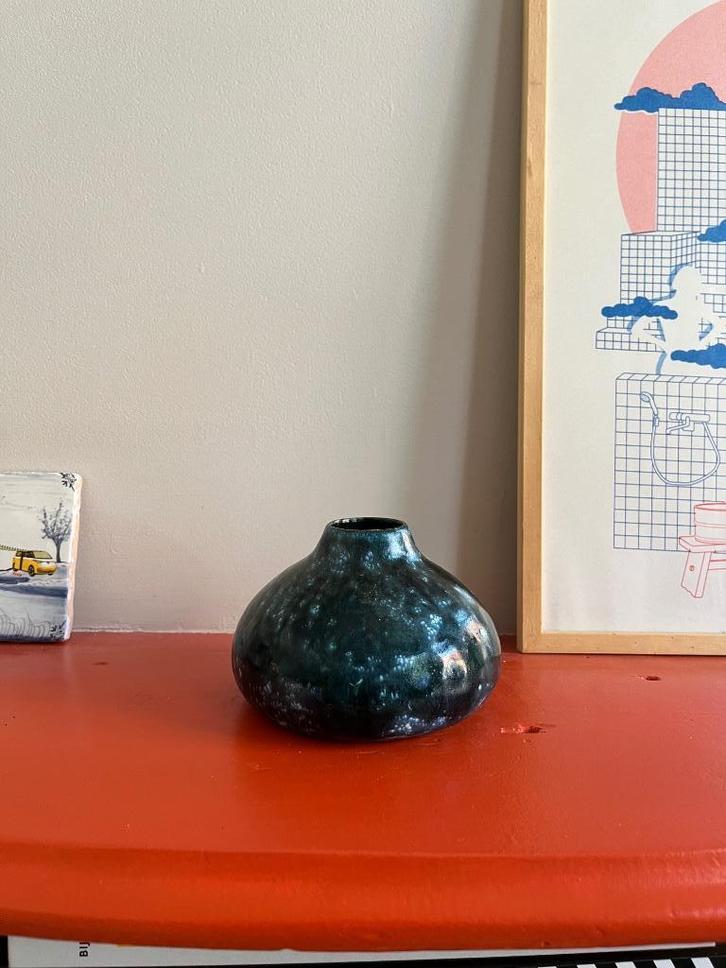 Vintage japans achtige belly vaas, blauw glazuur, Antiek en Kunst, Antiek | Keramiek en Aardewerk, Ophalen of Verzenden