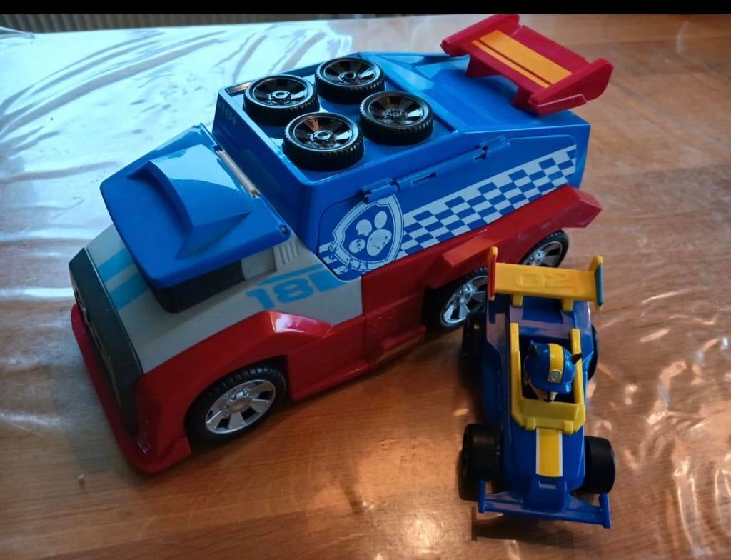 Paw Patrol Mobile pitshop met raceauto met Ryder, Ophalen of Verzenden, Zo goed als nieuw, Jongen of Meisje