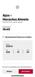 Te koop ticket Ajax - Heracles 24 augustus 2025, Tickets en Kaartjes, Losse kaart, Eén persoon, Augustus