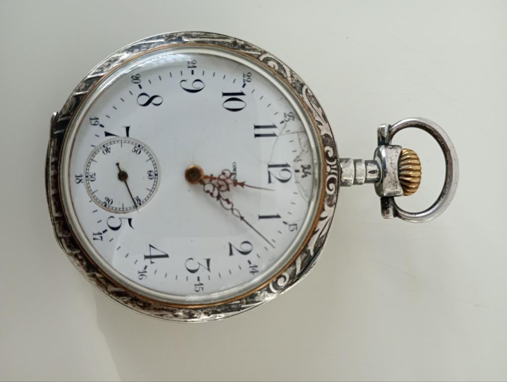 Omega zilveren zakhorloge Grand prix Paris 1900, Sieraden, Tassen en Uiterlijk, Horloges | Antiek, Ophalen, Zilver, Omega