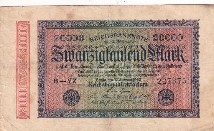 Duitsland 20.000 mark 20-1-1923 watermerk L, Postzegels en Munten, Bankbiljetten | Europa | Niet-Eurobiljetten, Los biljet, Duitsland