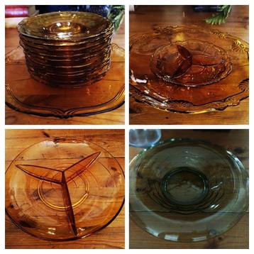 Diversen amber persglas gebaksstel + 10 bordjes + schaal 2x beschikbaar voor biedingen