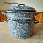 EMAILLE GRIJSGEWOLKTE STOOMPAN DIAMETER 22CM., Antiek en Kunst, Antiek | Emaille, Ophalen of Verzenden