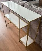 Gouden sidetable met witte glazen platen, Huis en Inrichting, Tafels | Sidetables, Ophalen, 100 tot 150 cm, Zo goed als nieuw