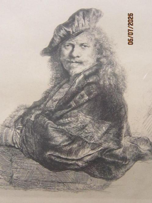 Mooie Nadruk ets REMBRANDT met Baret, in mooi lijstje, Antiek en Kunst, Kunst | Etsen en Gravures, Ophalen