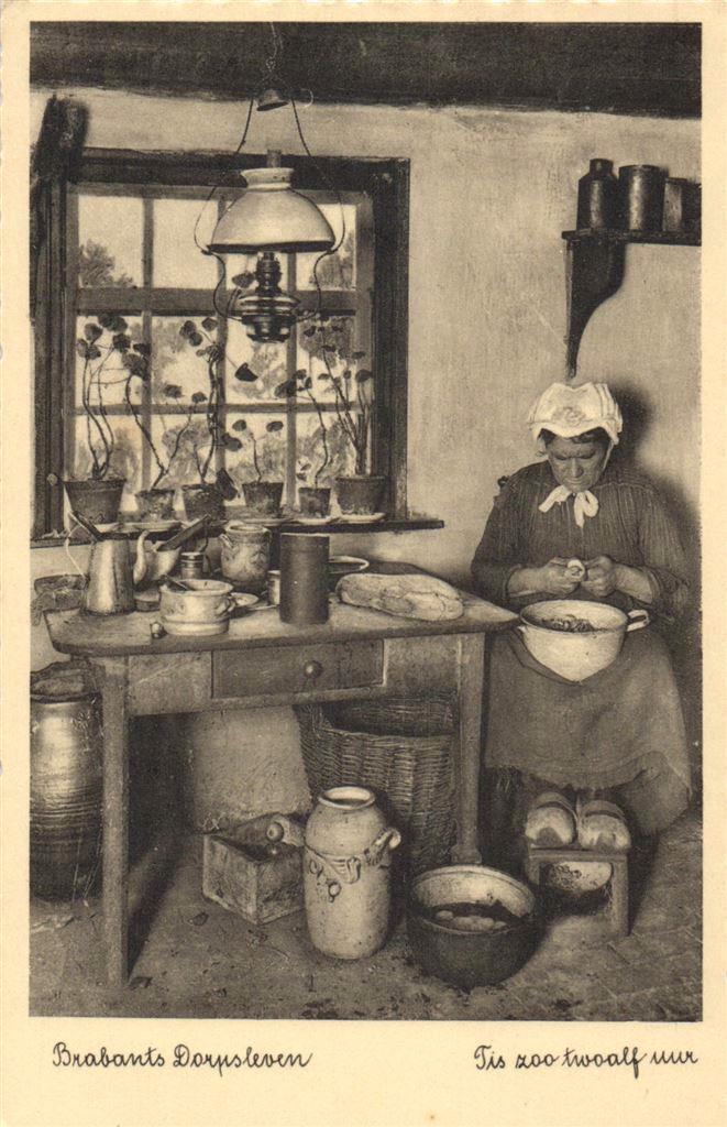 Brabants Dorpsleven. Tis zoo twaalf uur - vrouw - ongelopen, Verzamelen, Ansichtkaarten | Nederland, Ongelopen, Zuid-Holland, Voor 1920