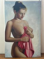 Olieverfschilderij -naakte vrouw die een rode doek vasthoudt, Huis en Inrichting, Ophalen, Zo goed als nieuw, Schilderij, 75 cm of meer