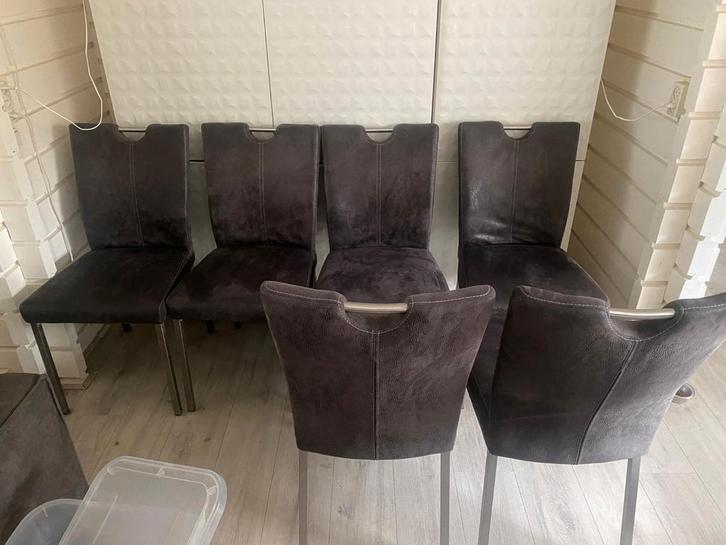 Set van 6 grijze eetkamerstoelen, Huis en Inrichting, Stoelen, Gebruikt, Vijf, Zes of meer stoelen, Metaal, Stof, Grijs, Ophalen of Verzenden