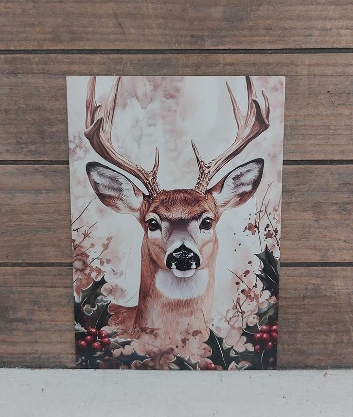 Vintage look kerst-kaart rendier tussen de hulst, Verzamelen, Ansichtkaarten | Themakaarten, Ongelopen, 1980 tot heden, Feest(dag)