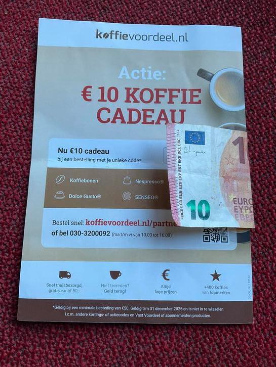 Koffievoordeel online 10 euro kortingsbon, Tickets en Kaartjes, Kortingen en Cadeaubonnen, Eén persoon, Warenhuis- of Winkelbon