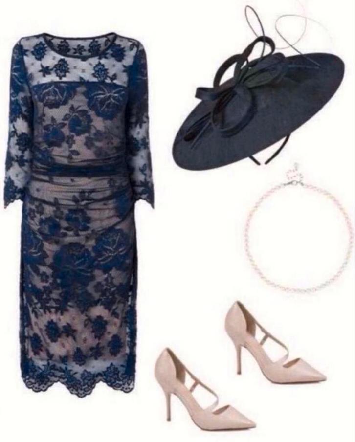 Phase Eight elegante donkerblauwe kanten rozenprint jurk 40, Kleding | Dames, Jurken, Nieuw, Maat 38/40 (M), Blauw, Onder de knie