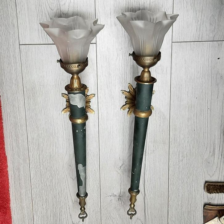 set van 2 antieke toorts wandlampen electrisch, Antiek en Kunst, Antiek | Lampen, Ophalen