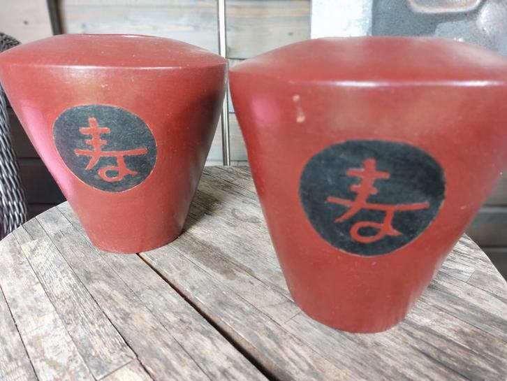 AARDEWERK POTTEN "BASIC" MET CHINEES MOTIEF, Tuin en Terras, Bloempotten, Zo goed als nieuw, Aardewerk, Minder dan 25 cm, Rond