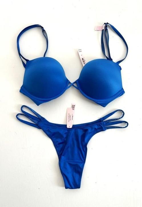 Victoria Secret Bombshell Shine Strap Push-Up BH 75C +string, Kleding | Dames, Ondergoed en Lingerie, Setje, Blauw, Verzenden