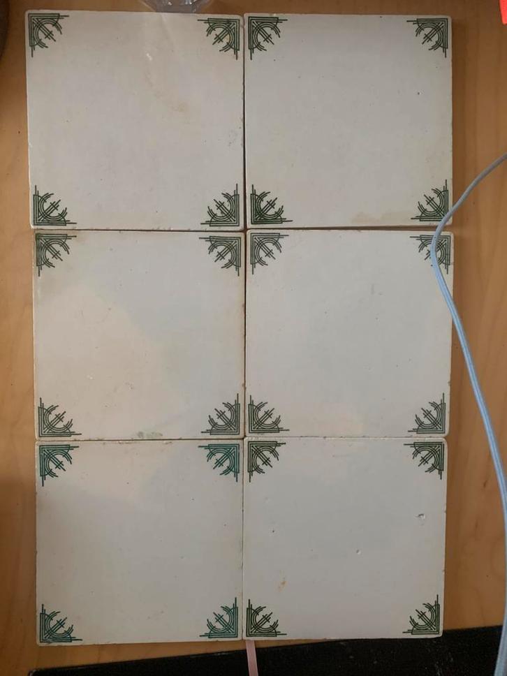 6 x oude tegels met groen motiefje, Antiek en Kunst, Antiek | Wandborden en Tegels, Ophalen of Verzenden