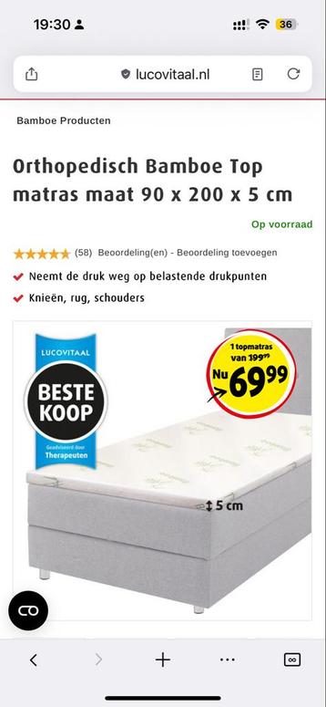 Lucovitaal Bamboe Topmatras 90x200 beschikbaar voor biedingen