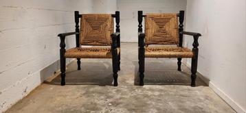 Set van 2 hout en touw stoelen uit de jaren 60/70 beschikbaar voor biedingen