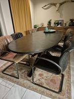 Ovale eettafel - zwart - visgraat - incl. 6 leren stoelen, Gebruikt, 100 tot 150 cm, Teakhout, 200 cm of meer