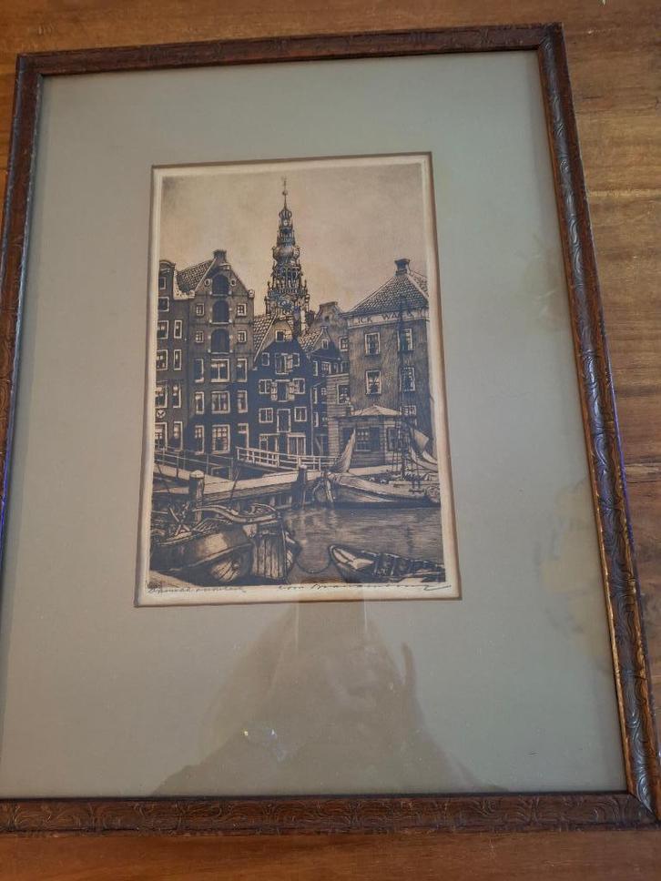 Cornelis Brandenburg - ingelijste ets v/h Damrak Amsterdam, Antiek en Kunst, Kunst | Etsen en Gravures, Ophalen of Verzenden