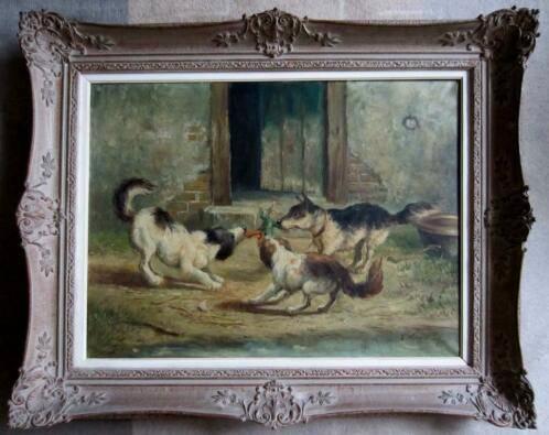 ==WIE KENT DE SIGNATUUR?===spelende honden==, Antiek en Kunst, Kunst | Schilderijen | Klassiek, Ophalen