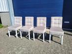 leegverkoop 4 zandkleur stoffen stoelen met knoop in de rug, Huis en Inrichting, Stoelen, Ophalen, Nieuw, Stof