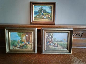 3 Kippenschilderijen - Olieverf op Doek beschikbaar voor biedingen