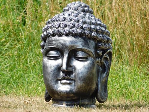 Indonesische Boeddha-hoofd, polystein-grijs-zilver!, Tuin en Terras, Tuinbeelden, Boeddhabeeld, Kunststof, Ophalen of Verzenden