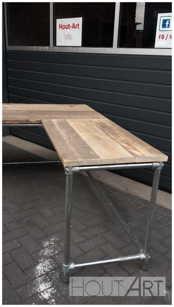 Hoekbureau steigerbuis met steigerhout, Huis en Inrichting, Bureaus, Nieuw, Bureau, Met wielen, Ophalen of Verzenden