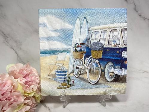 IHR knutsel servet bus fiets op strand decoupage  nr 493, Hobby en Vrije tijd, Knutselen, Nieuw, Materiaal, Ophalen of Verzenden