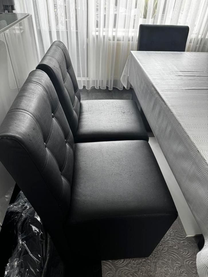 6 stuks eetkamer stoelen met wieltjes, Huis en Inrichting, Stoelen, Gebruikt, Vijf, Zes of meer stoelen, Leer, Zwart, Ophalen