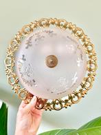 Vintage messing plafonnière plafondlamp, Huis en Inrichting, Lampen | Plafondlampen, Ophalen of Verzenden, Gebruikt, Glas