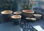 Groene geglazuurde bloempotten vorstbestendig, Tuin en Terras, Bloempotten, Gebruikt, Rond, Terracotta, Tuin