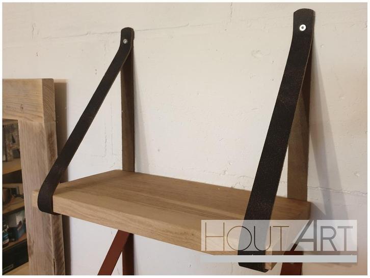 Leren plankdragers met massief eiken plank, Doe-het-zelf en Verbouw, Hout en Planken, Nieuw, Plank, Eiken, Minder dan 200 cm, Minder dan 25 mm