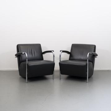 2x Leolux Scylla fauteuils zwart leder - chroom buisframe beschikbaar voor biedingen