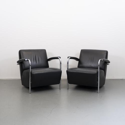 2x Leolux Scylla fauteuils zwart leder - chroom buisframe, Huis en Inrichting, Fauteuils, Zo goed als nieuw, Leer, Ophalen of Verzenden