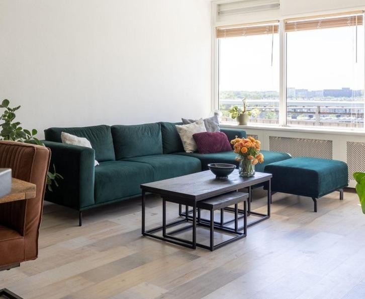 Hoekbank & Hocker - Groen Velours - 4x6 SOFA's, Huis en Inrichting, Banken | Bankstellen, Gebruikt, Hoekbank, Driepersoons, 250 tot 300 cm