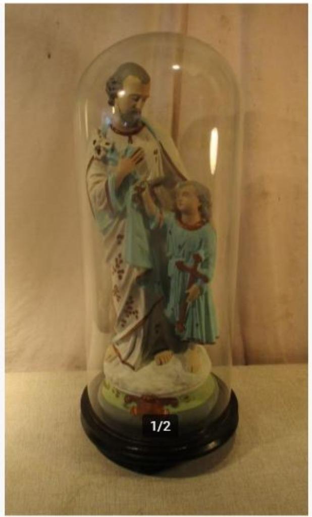 Prachtig Beeld 'Jozef en Jezus' in Glazen Stolp - 54cm, Antiek en Kunst, Antiek | Religie, Ophalen of Verzenden
